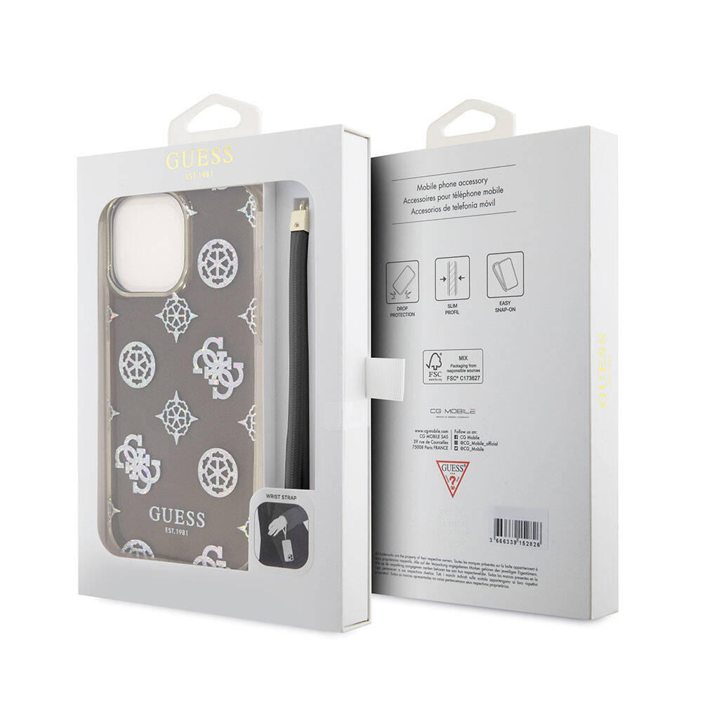 Apple iPhone 15 Pro Max Case Guess Original Licensed Patterned Text Logo Strap Holographic Glitter Peony Cover Turquoise