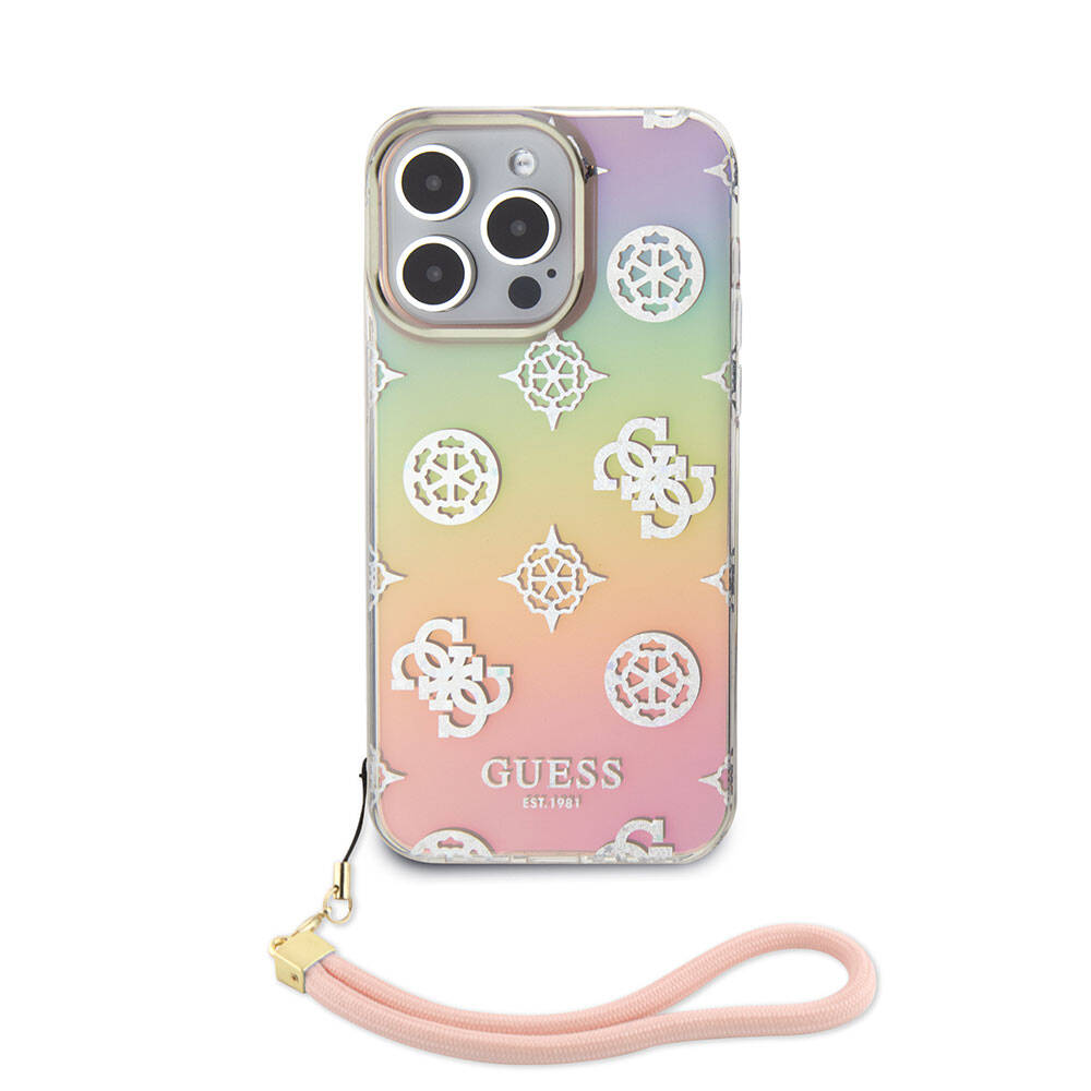 Apple iPhone 15 Pro Max Case Guess Original Licensed Patterned Text Logo Strap Holographic Glitter Peony Cover Pink