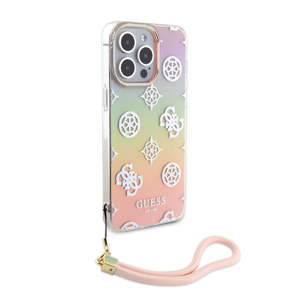Apple iPhone 15 Pro Max Case Guess Original Licensed Patterned Text Logo Strap Holographic Glitter Peony Cover Pink