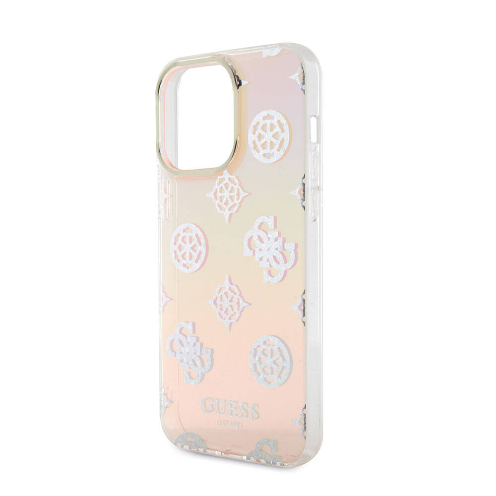 Apple iPhone 15 Pro Max Case Guess Original Licensed Patterned Text Logo Strap Holographic Glitter Peony Cover Turquoise
