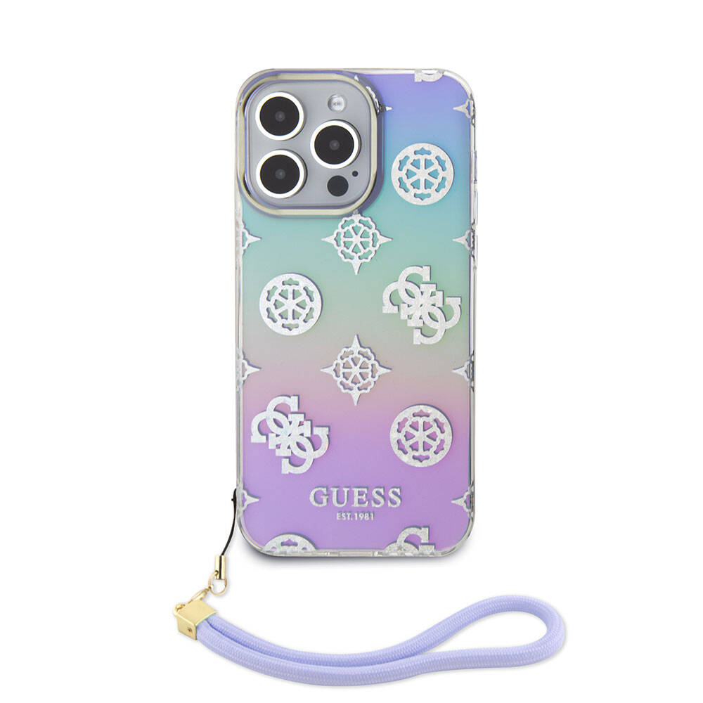 Apple iPhone 15 Pro Max Case Guess Original Licensed Patterned Text Logo Strap Holographic Glitter Peony Cover Pink