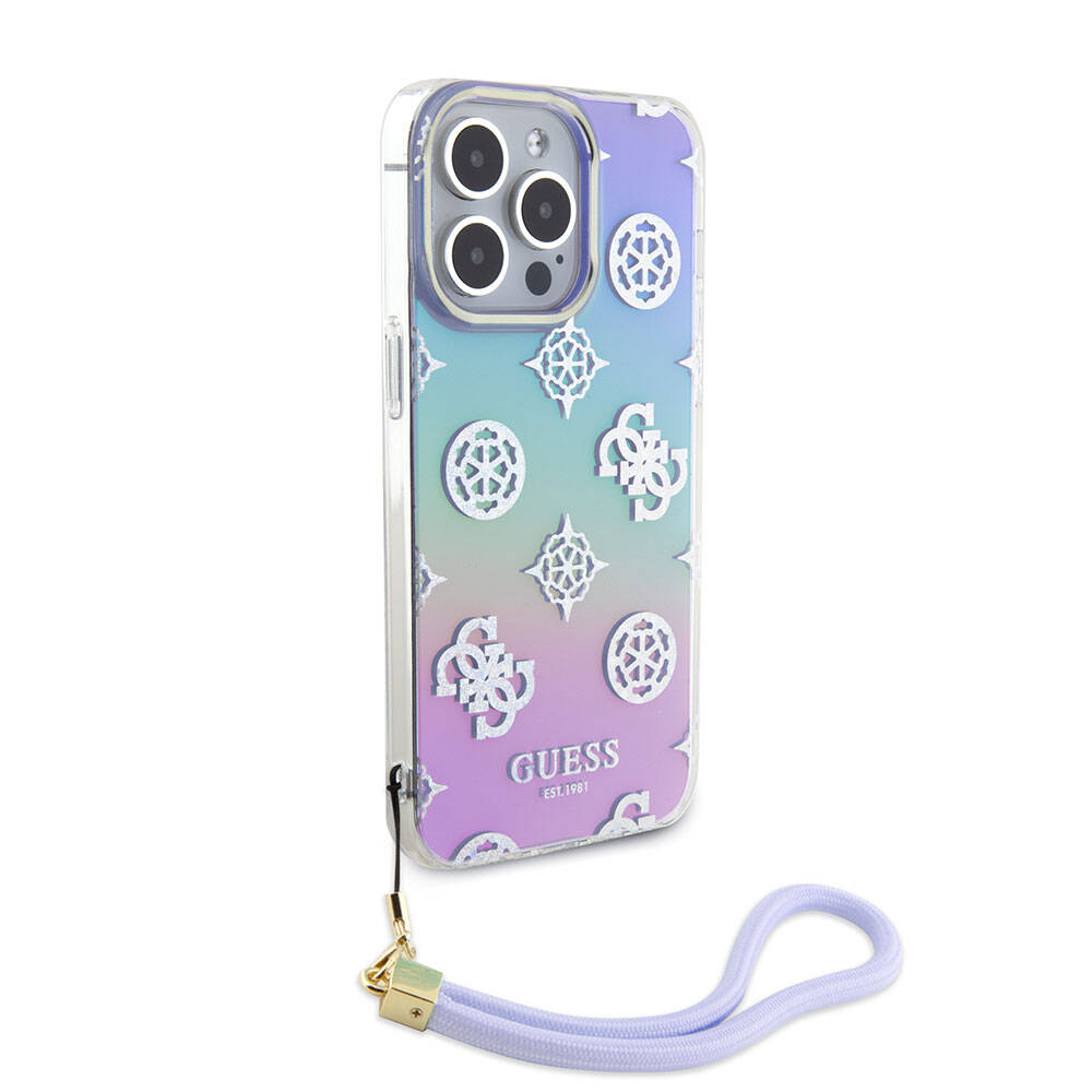 Apple iPhone 15 Pro Max Case Guess Original Licensed Patterned Text Logo Strap Holographic Glitter Peony Cover Turquoise