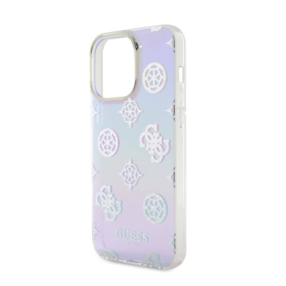 Apple iPhone 15 Pro Max Case Guess Original Licensed Patterned Text Logo Strap Holographic Glitter Peony Cover Turquoise