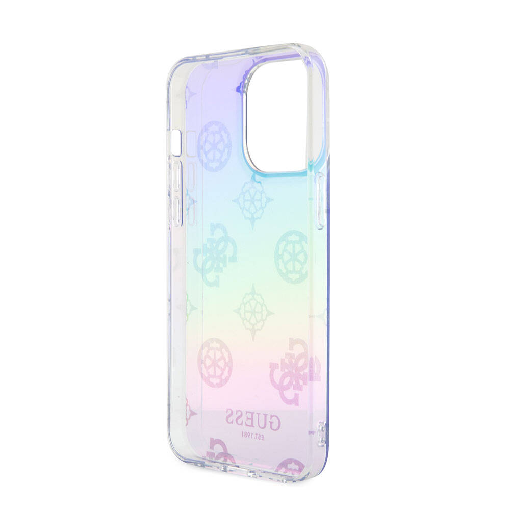 Apple iPhone 15 Pro Max Case Guess Original Licensed Patterned Text Logo Strap Holographic Glitter Peony Cover Purple