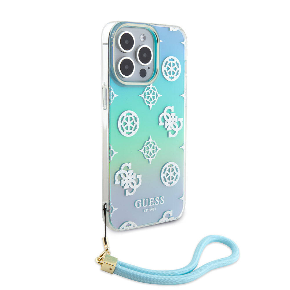 Apple iPhone 15 Pro Max Case Guess Original Licensed Patterned Text Logo Strap Holographic Glitter Peony Cover Purple