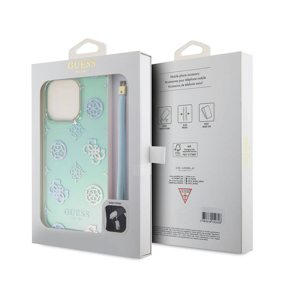Apple iPhone 15 Pro Max Case Guess Original Licensed Patterned Text Logo Strap Holographic Glitter Peony Cover Turquoise