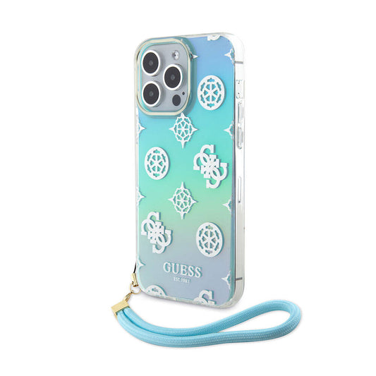 Apple iPhone 15 Pro Max Case Guess Original Licensed Patterned Text Logo Strap Holographic Glitter Peony Cover Turquoise