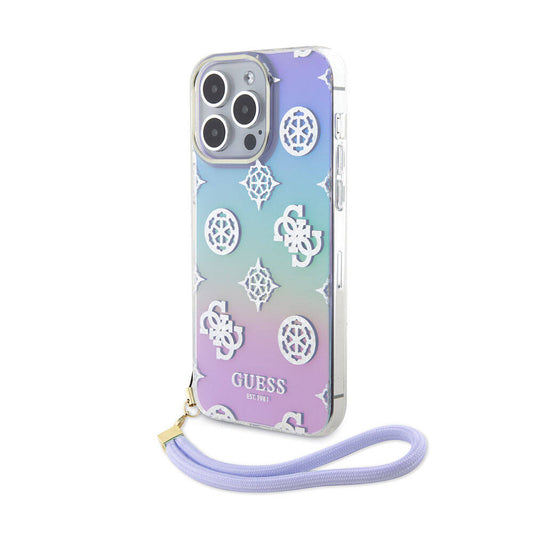 Apple iPhone 15 Pro Max Case Guess Original Licensed Patterned Text Logo Strap Holographic Glitter Peony Cover Purple