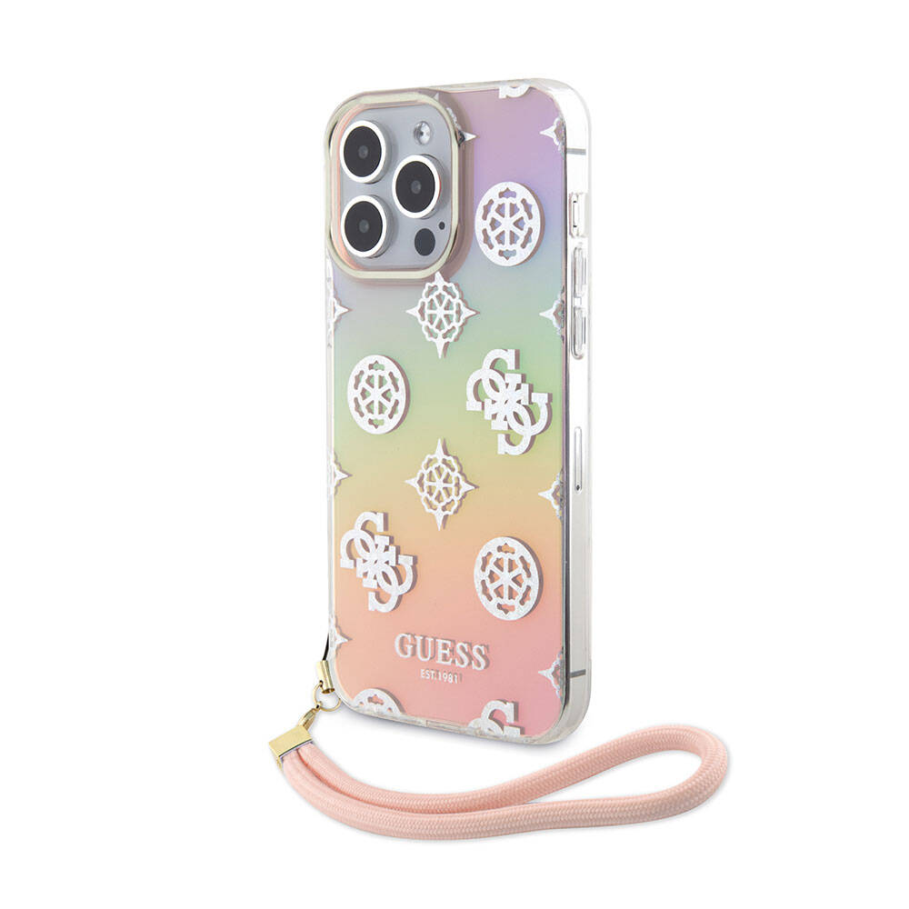 Apple iPhone 15 Pro Max Case Guess Original Licensed Patterned Text Logo Strap Holographic Glitter Peony Cover Pink