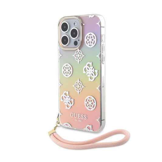 Apple iPhone 15 Pro Max Case Guess Original Licensed Patterned Text Logo Strap Holographic Glitter Peony Cover Pink