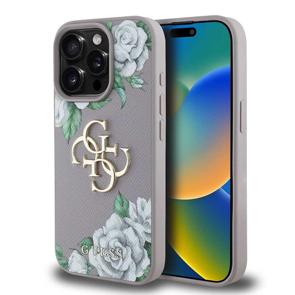 Apple iPhone 15 Pro Max Case Guess Original Licensed Rose Printed Large Metal Logo Design Cover Black
