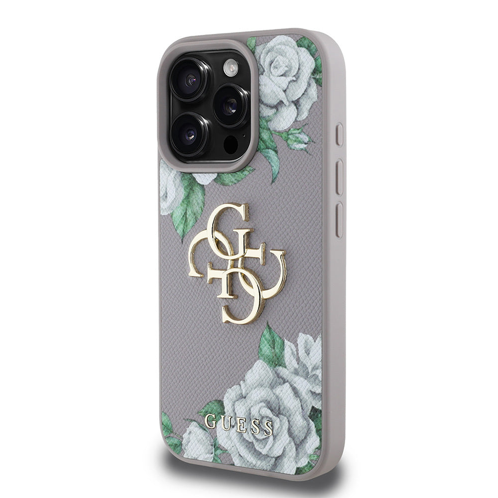 Apple iPhone 15 Pro Max Case Guess Original Licensed Rose Printed Large Metal Logo Design Cover Black