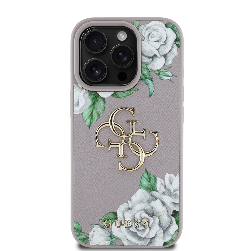 Apple iPhone 15 Pro Max Case Guess Original Licensed Rose Printed Large Metal Logo Design Cover Black
