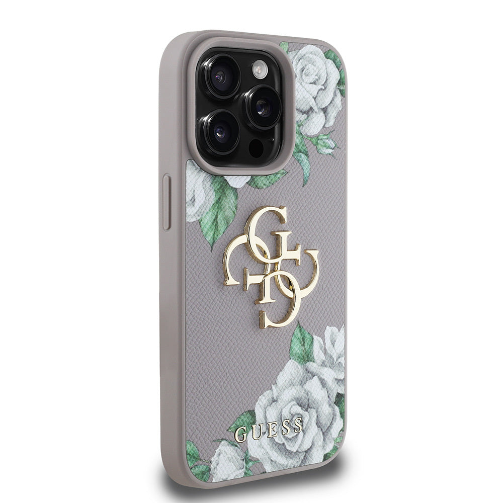 Apple iPhone 15 Pro Max Case Guess Original Licensed Rose Printed Large Metal Logo Design Cover Black