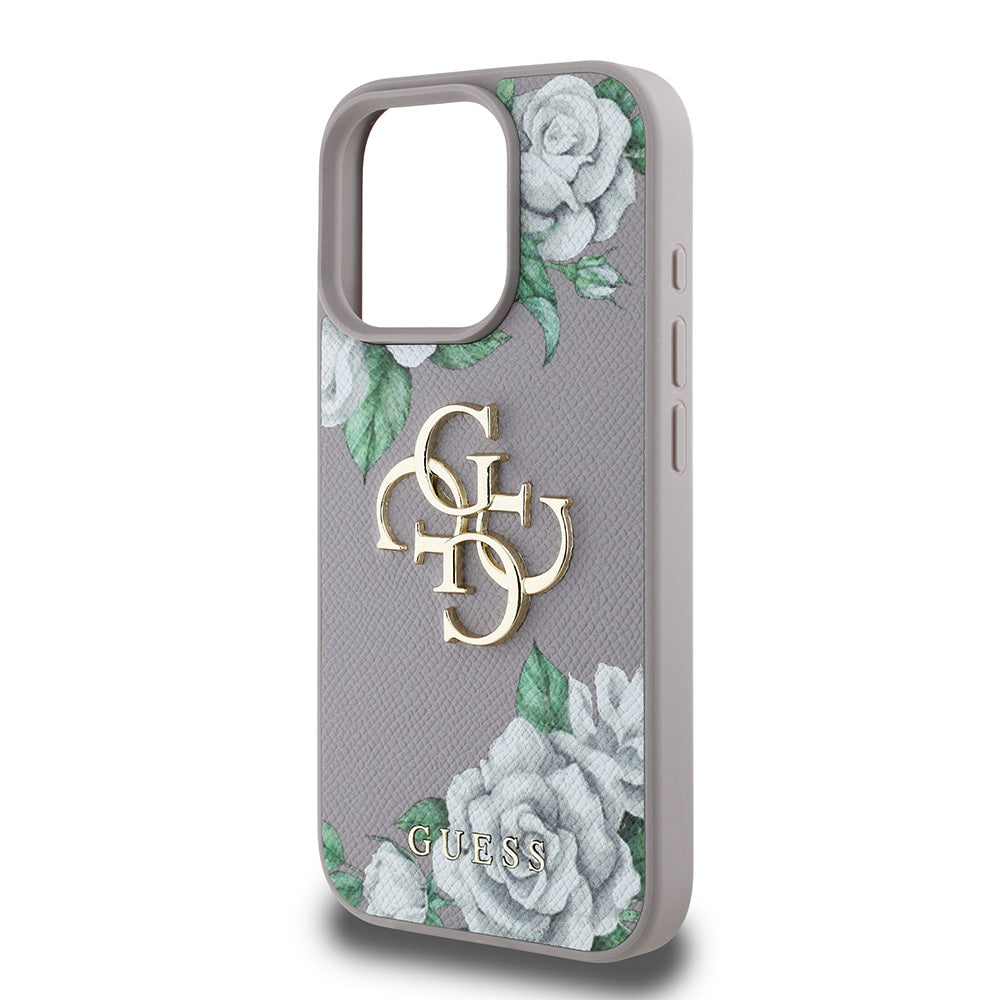 Apple iPhone 15 Pro Max Case Guess Original Licensed Rose Printed Large Metal Logo Design Cover Black