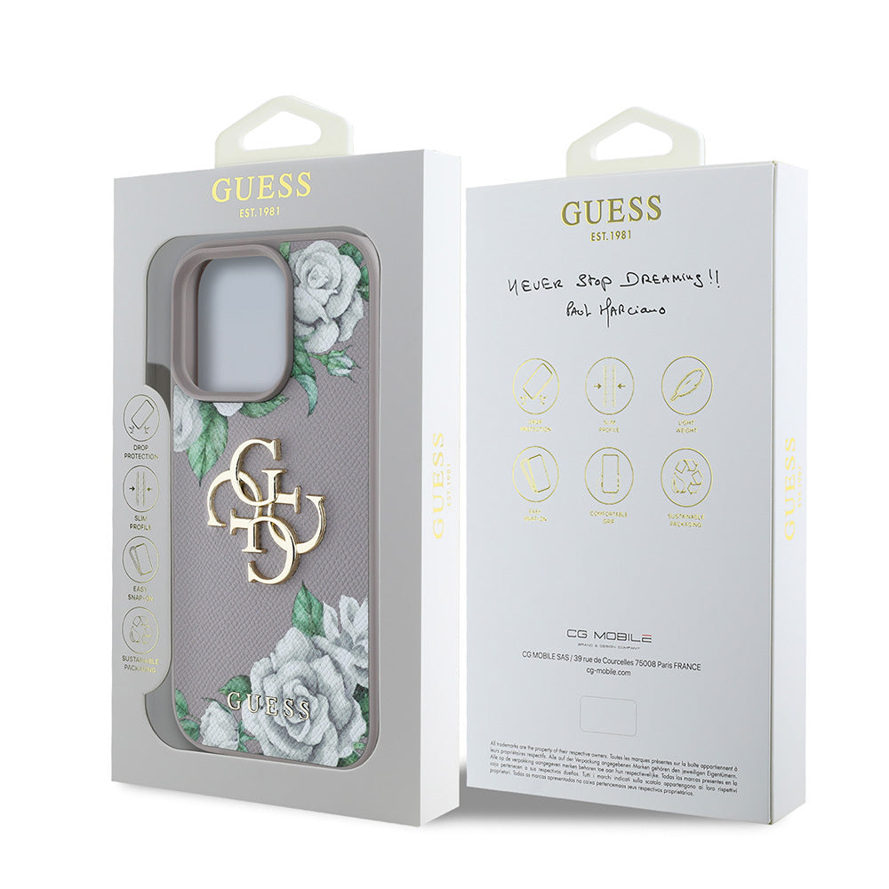Apple iPhone 15 Pro Max Case Guess Original Licensed Rose Printed Large Metal Logo Design Cover Black
