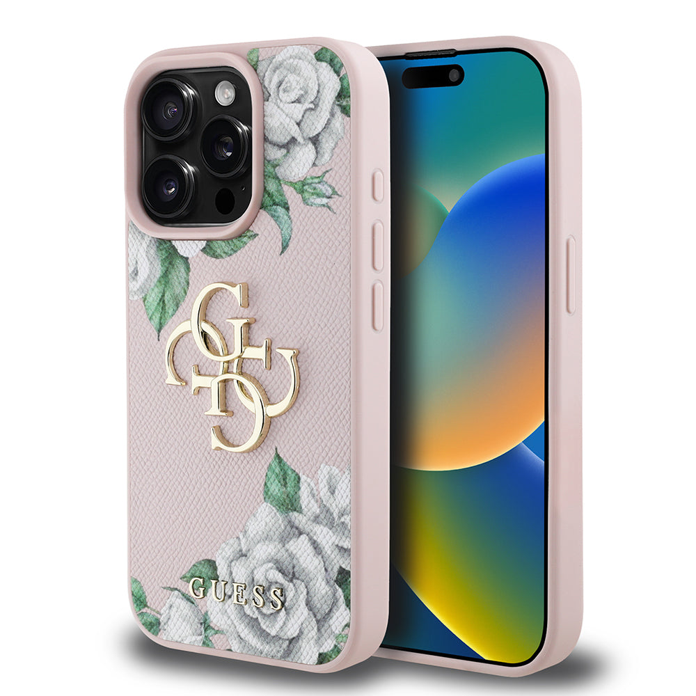 Apple iPhone 15 Pro Max Case Guess Original Licensed Rose Printed Large Metal Logo Design Cover Black