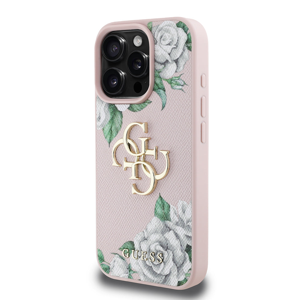 Apple iPhone 15 Pro Max Case Guess Original Licensed Rose Printed Large Metal Logo Design Cover Black