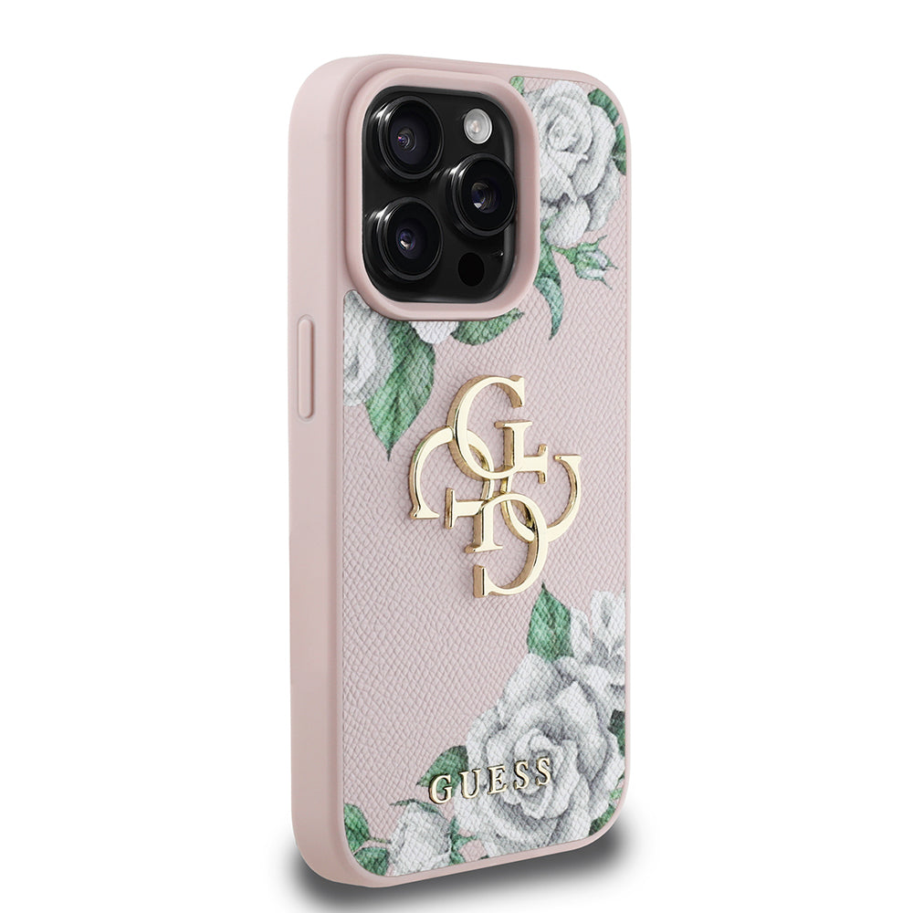Apple iPhone 15 Pro Max Case Guess Original Licensed Rose Printed Large Metal Logo Design Cover Black