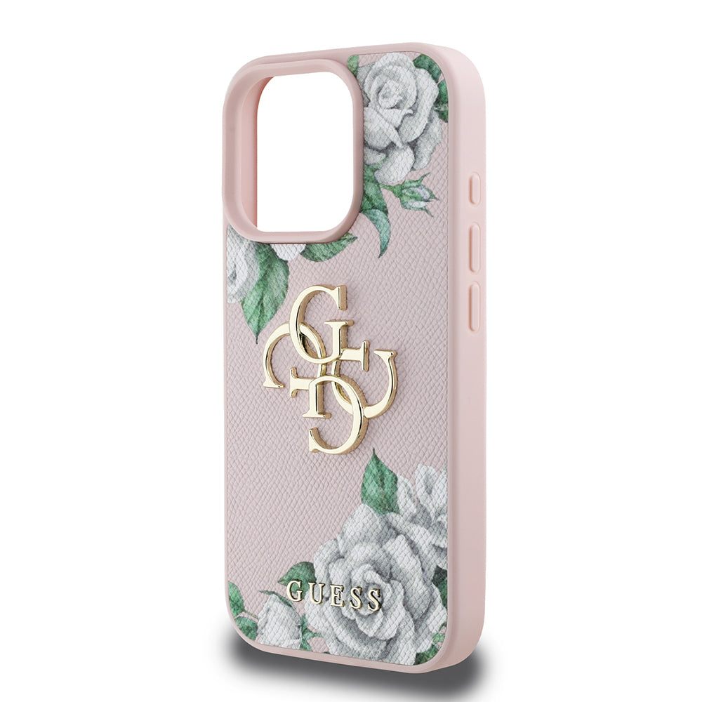Apple iPhone 15 Pro Max Case Guess Original Licensed Rose Printed Large Metal Logo Design Cover Black