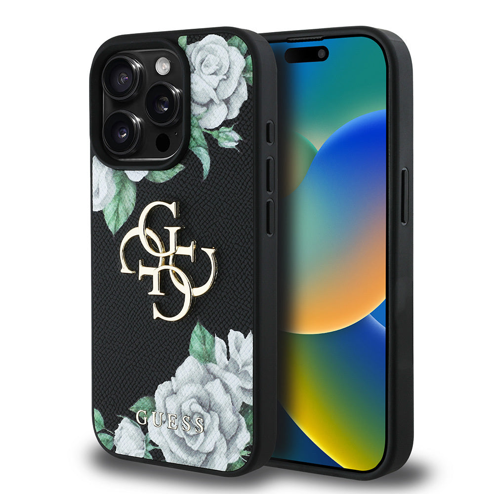 Apple iPhone 15 Pro Max Case Guess Original Licensed Rose Printed Large Metal Logo Design Cover Black