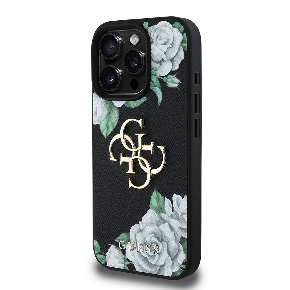 Apple iPhone 15 Pro Max Case Guess Original Licensed Rose Printed Large Metal Logo Design Cover Black