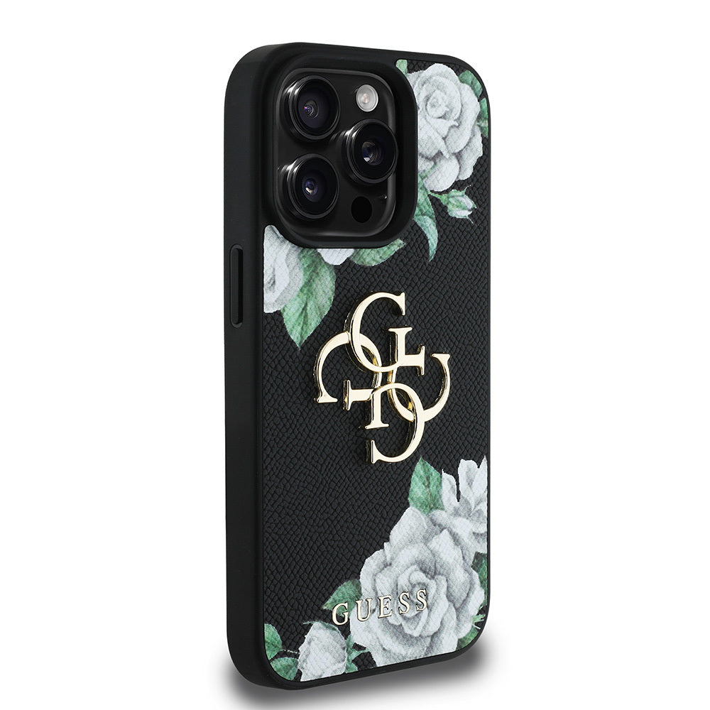 Apple iPhone 15 Pro Max Case Guess Original Licensed Rose Printed Large Metal Logo Design Cover Black