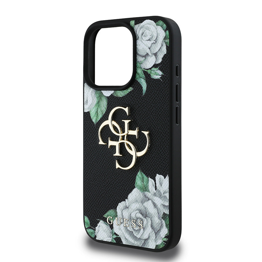 Apple iPhone 15 Pro Max Case Guess Original Licensed Rose Printed Large Metal Logo Design Cover Black