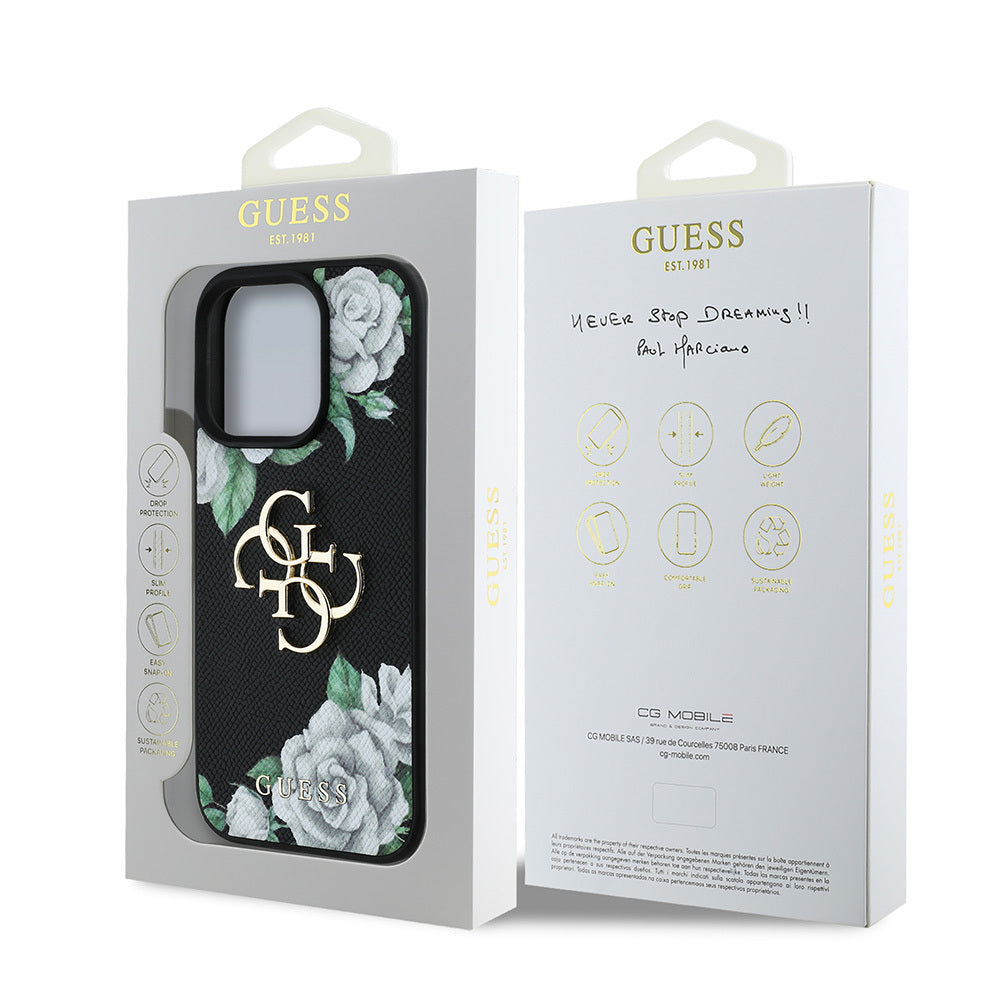 Apple iPhone 15 Pro Max Case Guess Original Licensed Rose Printed Large Metal Logo Design Cover Black