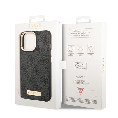 Apple iPhone 15 Pro Max Kılıf Guess Orjinal Lisanslı M-safe Şarj Özellikli 4G Desenli PU Metal Plaka Klasik Logolu Kapak Kahverengi