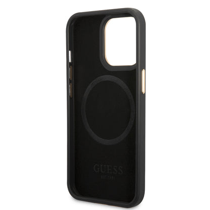 Apple iPhone 15 Pro Max Kılıf Guess Orjinal Lisanslı M-safe Şarj Özellikli 4G Desenli PU Metal Plaka Klasik Logolu Kapak Kahverengi