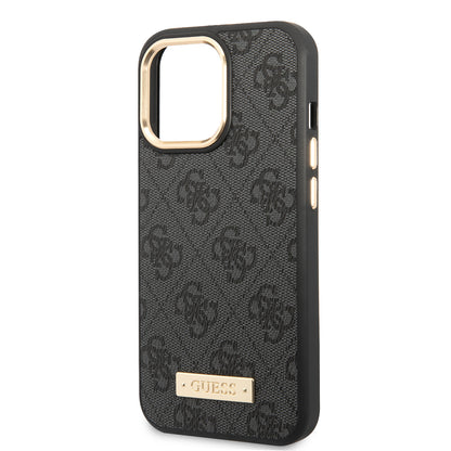 Apple iPhone 15 Pro Max Kılıf Guess Orjinal Lisanslı M-safe Şarj Özellikli 4G Desenli PU Metal Plaka Klasik Logolu Kapak Kahverengi