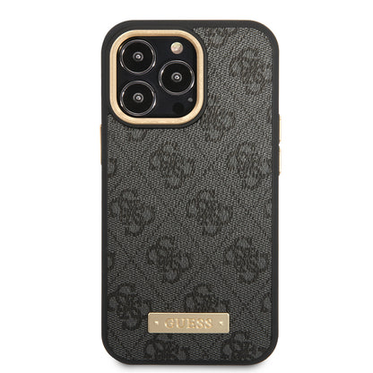 Apple iPhone 15 Pro Max Kılıf Guess Orjinal Lisanslı M-safe Şarj Özellikli 4G Desenli PU Metal Plaka Klasik Logolu Kapak Siyah