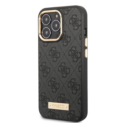 Apple iPhone 15 Pro Max Kılıf Guess Orjinal Lisanslı M-safe Şarj Özellikli 4G Desenli PU Metal Plaka Klasik Logolu Kapak Siyah