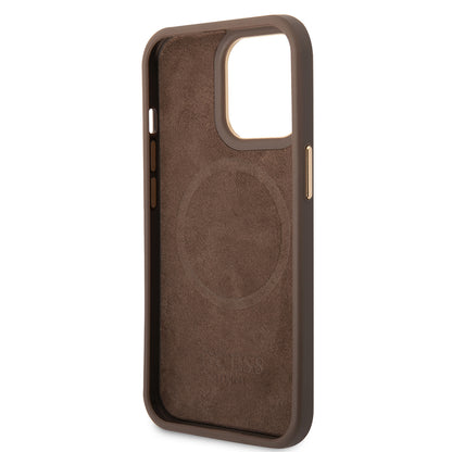 Apple iPhone 15 Pro Max Kılıf Guess Orjinal Lisanslı M-safe Şarj Özellikli 4G Desenli PU Metal Plaka Klasik Logolu Kapak Siyah