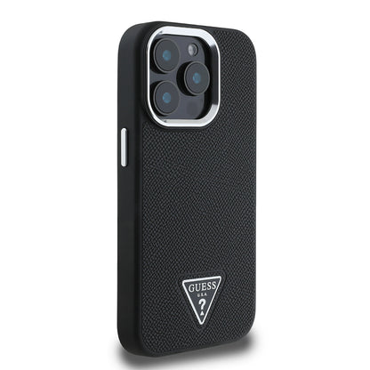 Apple iPhone 15 Pro Max Kılıf Guess Orjinal Lisanslı M-safe Şarj Özellikli Grained Triangle Kapak Kahverengi