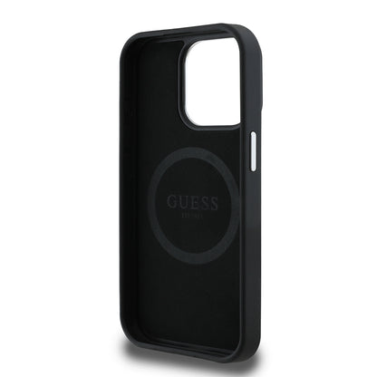 Apple iPhone 15 Pro Max Kılıf Guess Orjinal Lisanslı M-safe Şarj Özellikli Grained Triangle Kapak Kahverengi
