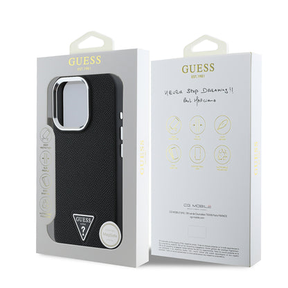 Apple iPhone 15 Pro Max Kılıf Guess Orjinal Lisanslı M-safe Şarj Özellikli Grained Triangle Kapak Siyah