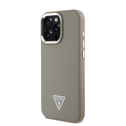 Apple iPhone 15 Pro Max Kılıf Guess Orjinal Lisanslı M-safe Şarj Özellikli Grained Triangle Kapak Kahverengi