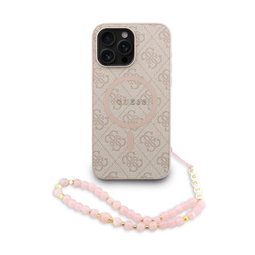 Apple iPhone 15 Pro Max Kılıf Guess Orjinal Lisanslı M-safe Şarj Özellikli PU Deri Bilek Askı İpli Yazı Logolu Kapak Pembe