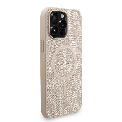Apple iPhone 15 Pro Max Kılıf Guess Orjinal Lisanslı M-safe Şarj Özellikli PU Deri Bilek Askı İpli Yazı Logolu Kapak Pembe