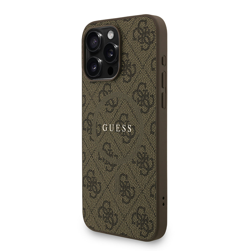 Apple iPhone 15 Pro Max Kılıf Guess Orjinal Lisanslı M-safe Şarj Özellikli PU Deri Bilek Askı İpli Yazı Logolu Kapak Pembe