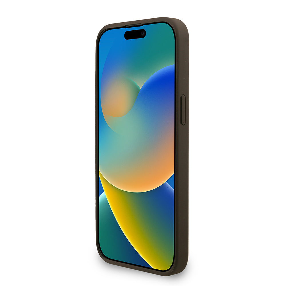 Apple iPhone 15 Pro Max Kılıf Guess Orjinal Lisanslı M-safe Şarj Özellikli PU Deri Bilek Askı İpli Yazı Logolu Kapak Siyah