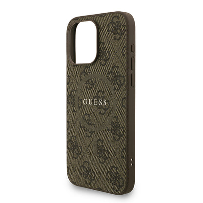 Apple iPhone 15 Pro Max Kılıf Guess Orjinal Lisanslı M-safe Şarj Özellikli PU Deri Bilek Askı İpli Yazı Logolu Kapak Kahverengi