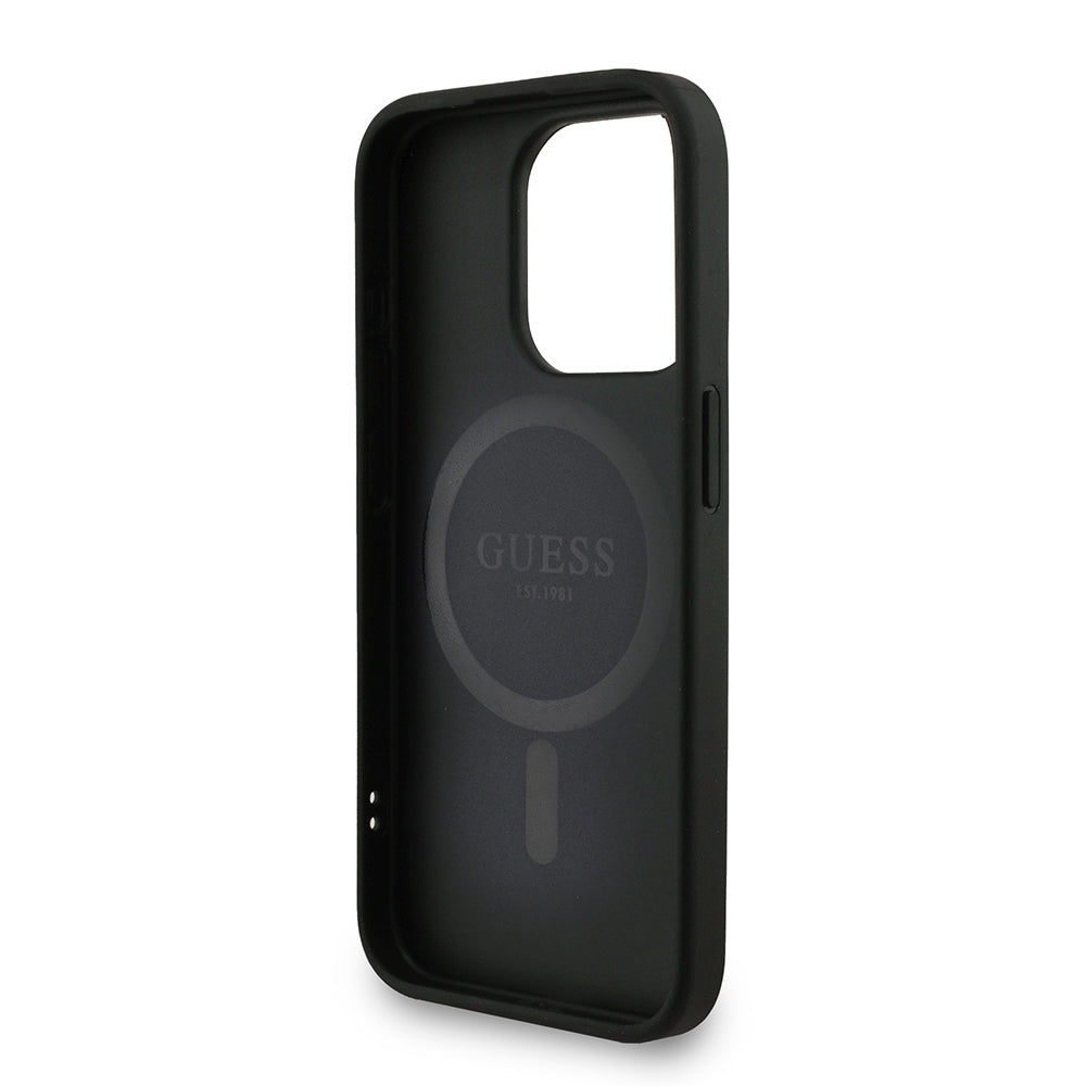 Apple iPhone 15 Pro Max Kılıf Guess Orjinal Lisanslı M-safe Şarj Özellikli PU Deri Bilek Askı İpli Yazı Logolu Kapak Pembe