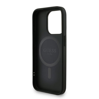 Apple iPhone 15 Pro Max Kılıf Guess Orjinal Lisanslı M-safe Şarj Özellikli PU Deri Bilek Askı İpli Yazı Logolu Kapak Pembe