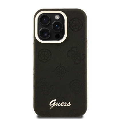 Apple iPhone 15 Pro Max Kılıf Guess Orjinal Lisanslı M-safe Şarj Özellikli Sıcak Baskılı Yazı Logolu Kamera Standlı PU Deri Peony Kapak Mor