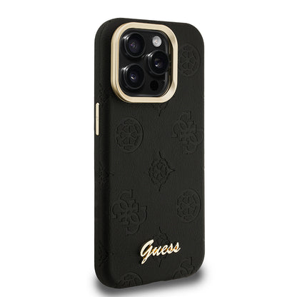 Apple iPhone 15 Pro Max Kılıf Guess Orjinal Lisanslı M-safe Şarj Özellikli Sıcak Baskılı Yazı Logolu Kamera Standlı PU Deri Peony Kapak Pembe