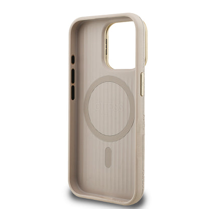 Apple iPhone 15 Pro Max Kılıf Guess Orjinal Lisanslı M-safe Şarj Özellikli Sıcak Baskılı Yazı Logolu Kamera Standlı PU Deri Peony Kapak Mor