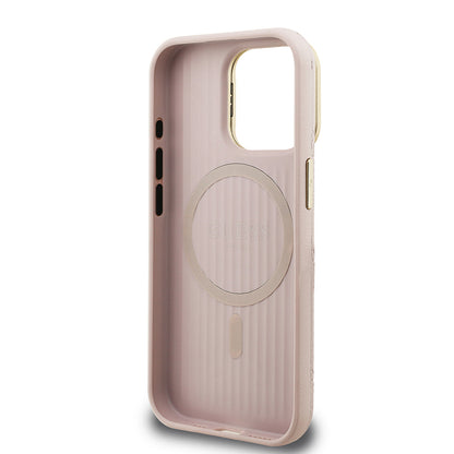 Apple iPhone 15 Pro Max Kılıf Guess Orjinal Lisanslı M-safe Şarj Özellikli Sıcak Baskılı Yazı Logolu Kamera Standlı PU Deri Peony Kapak Mor
